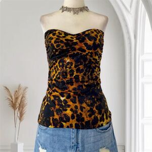 Early 2000’s Cinched Animal Print Black Gold Cheetah Glitter Tube Top M